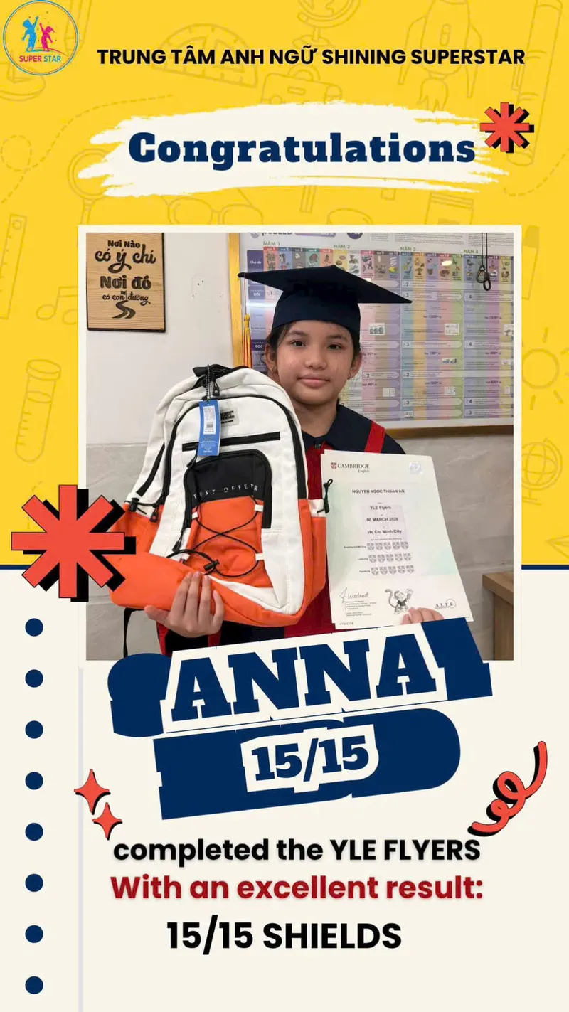 Nguyễn Ngọc Thùy An đạt 15/15 shields Cambridge Flyers tại Shining Super Star