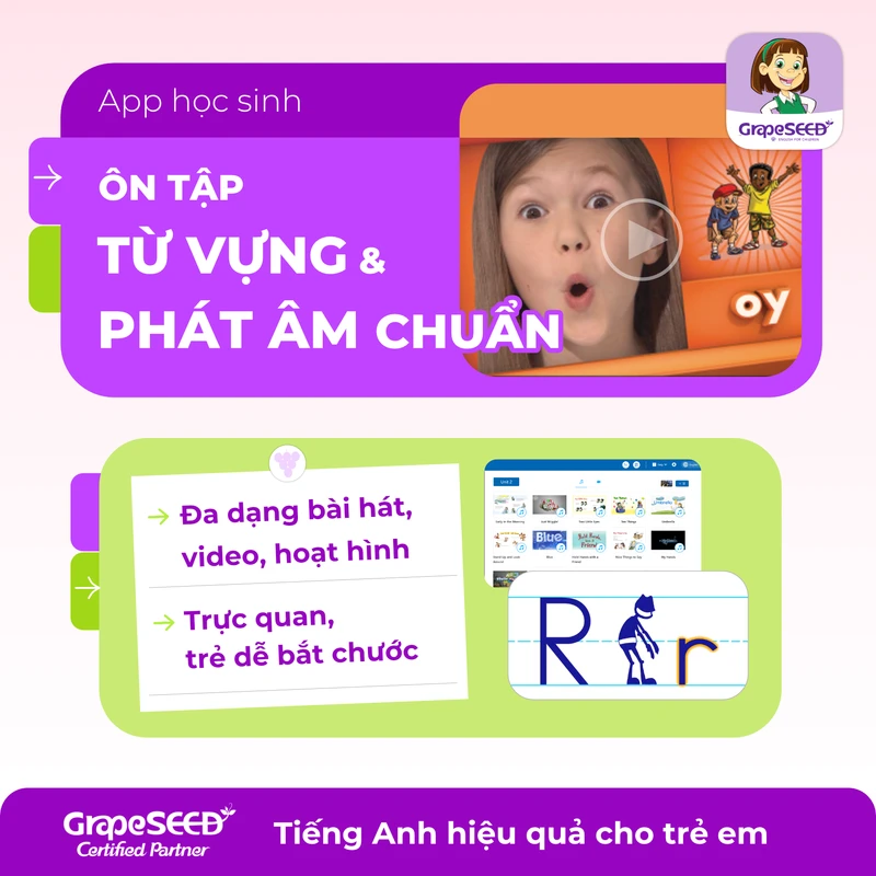Tư liệu GrapeSEED minh họa bài hát, video và hoạt hình để ôn từ vựng và phát âm