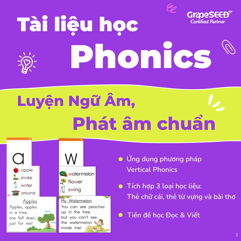 Đồ họa GrapeSEED minh họa học liệu Phonics, âm, chữ cái và từ vựng