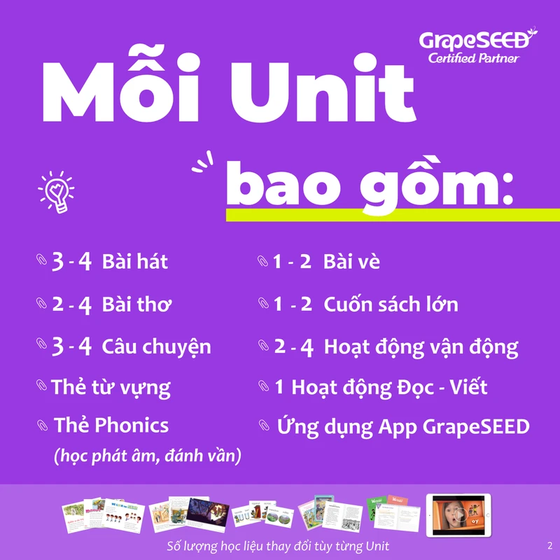 Đồ họa GrapeSEED giới thiệu bài hát, bài thơ, câu chuyện, thẻ Phonics, sách lớn và hoạt động trong một Unit